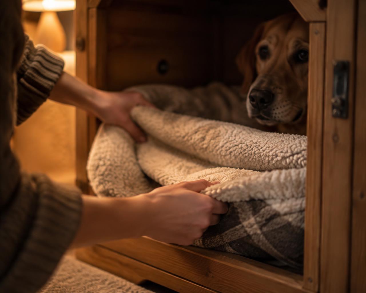 Hands settling warm bedding into a wooden kennel den