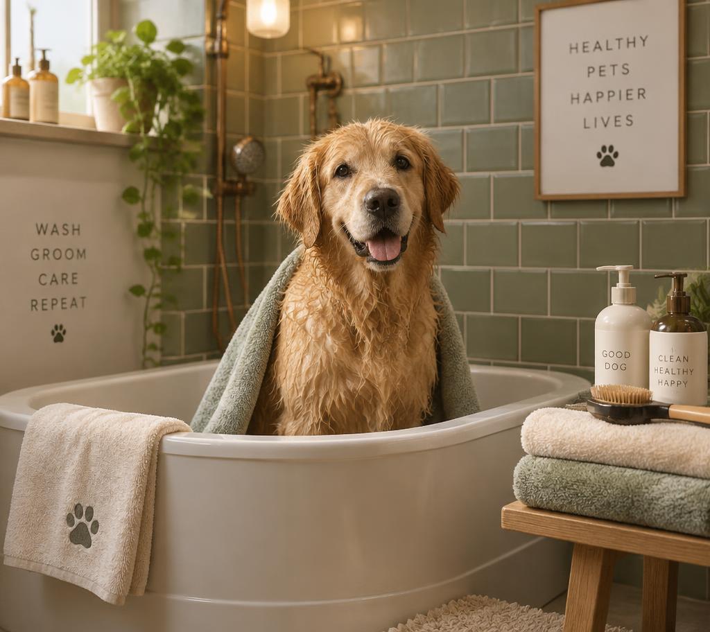 The calm grooming corner with a ceramic tub, towels and warm light