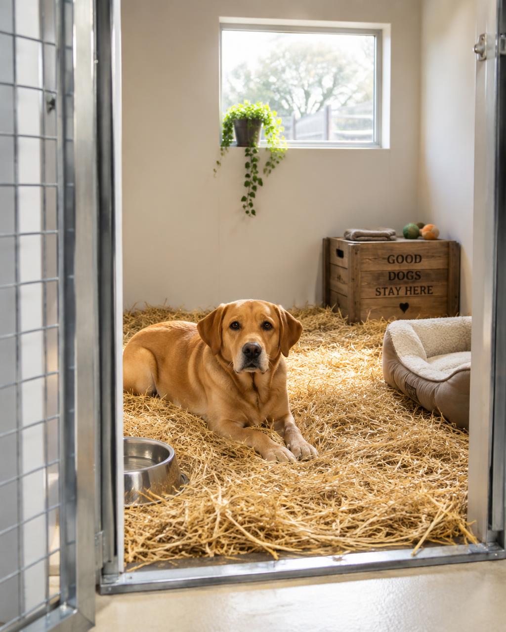 A labrador resting on deep straw bedding in a bright private kennel run