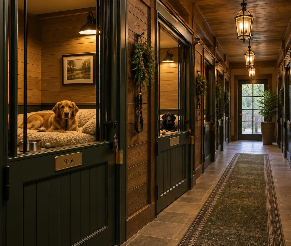 The warmly lit kennel corridor with lantern light and clean private dens